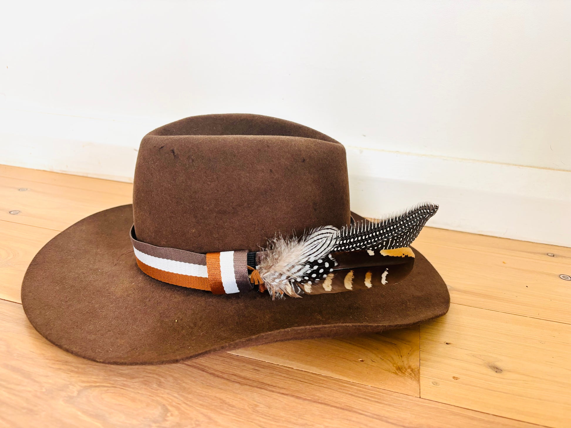 Brown Khaki White Stripe Hatband - Hattie Lapel